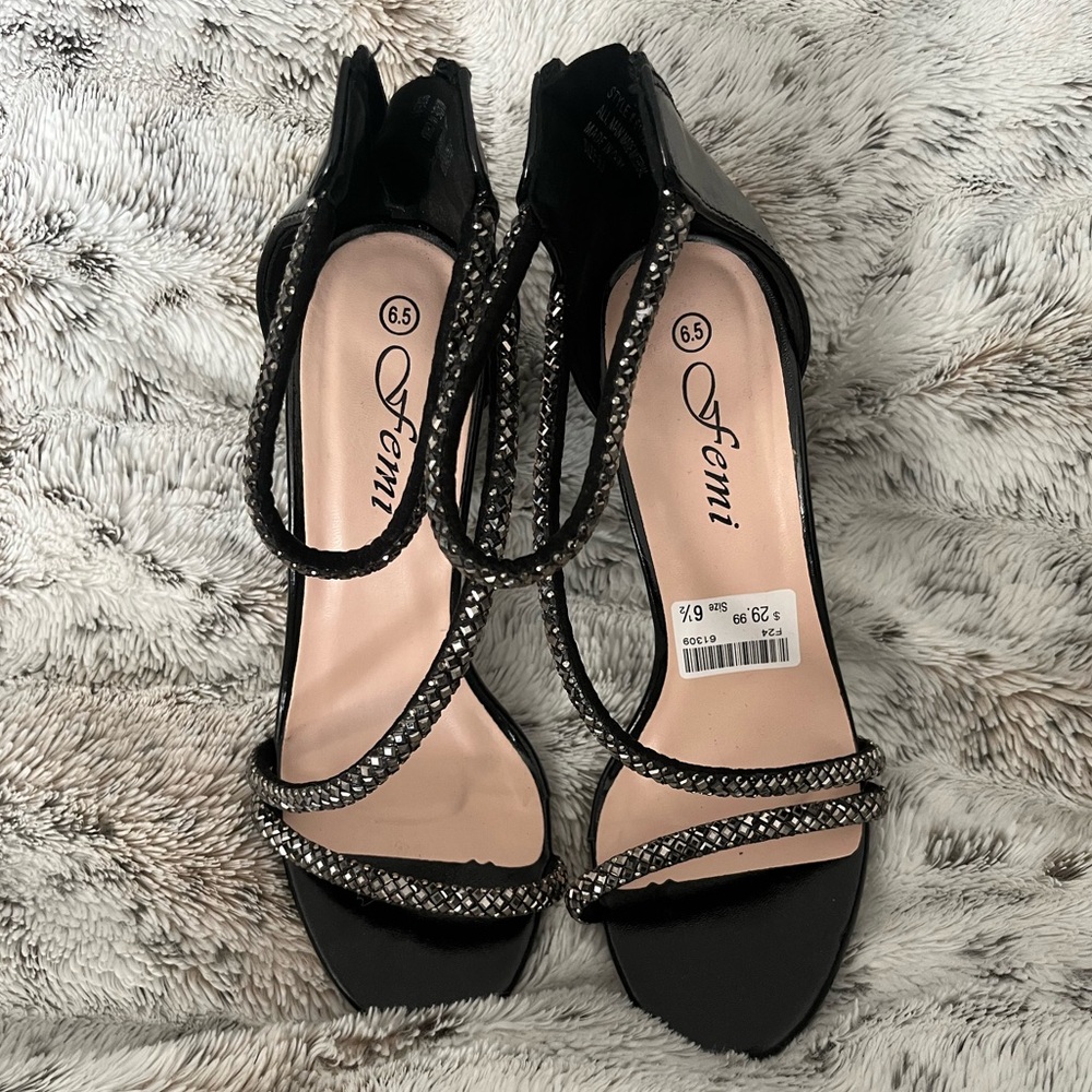 FEMI Black Gunmetal grey rhinestone scrappy heels